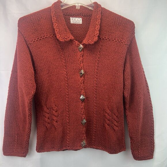 Vintage Rico Red Cotton Knit Ornate Button Front Cardigan Sweater Size Medium - Picture 1 of 7